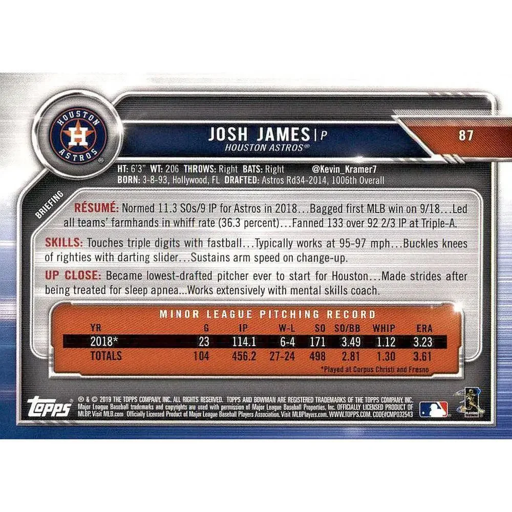 2019 Bowman Josh James RC #87 Houston Astros